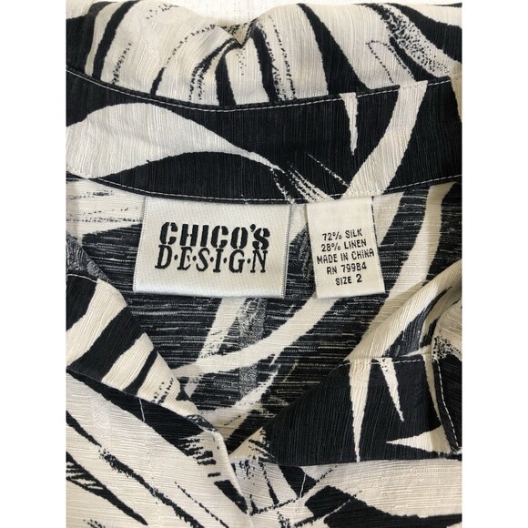 Chico's Design Womens Blouse Size 2 Black And White Leaf Design - Picture 5 of 10